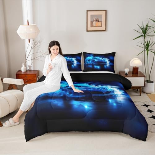 Erosebridal Blue Racing Car Comforter Set King Size,Somky Extreme Sport Games Bedding Sets for Kids Boys Teens,Sports Race Car Bed in A Bag with 1 Comforter,2 Pillowcases,Cool Modern Duvet Insert