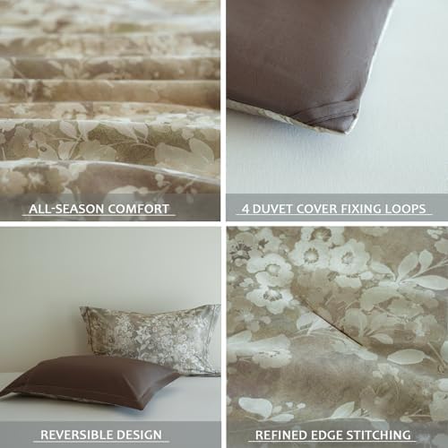 Floral Comforter Queen Size - 100% Long Staple Cotton Gradient Brown Leaf Reversible Comforter Set 3pcs, Soft Breathable Hypoallergenic Bedding Set