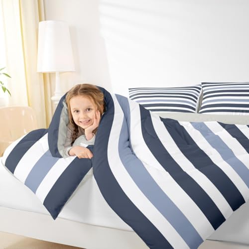 Homewish Stripe Art Comforter Set King Size,Blue and Navy Blue Bedding Sets 3Pcs for Kids Girls Boys Women Room Decor,Modern Simple Quilted Duvet Abstract Stripes Down Comforter,2 Pillowcases