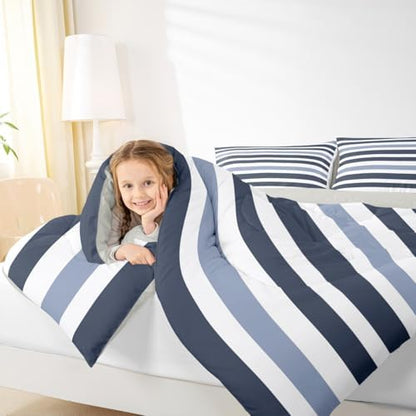 Homewish Stripe Art Comforter Set King Size,Blue and Navy Blue Bedding Sets 3Pcs for Kids Girls Boys Women Room Decor,Modern Simple Quilted Duvet Abstract Stripes Down Comforter,2 Pillowcases