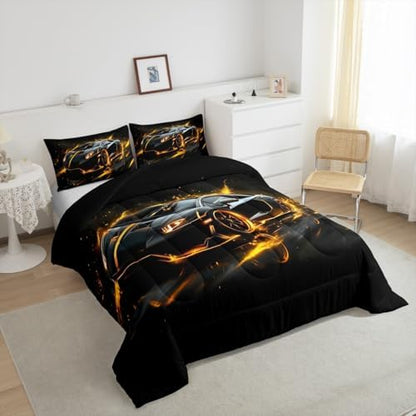 Toddler Race Car Bed for Boys Queen Size,Racing Sport Kids Comforter Bedding Set for Boys Girl,Cool Yellow Black Speed Racing Sports Car Comforter Set,Futuristic Racetrack Extreme Sports Bedding Sets