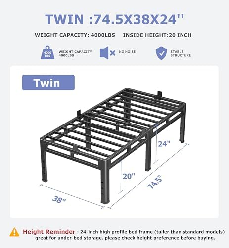 NKZ Twin Size Metal Platform Bed Frame, 24 Inch Dual-Layer Heavy Duty Base