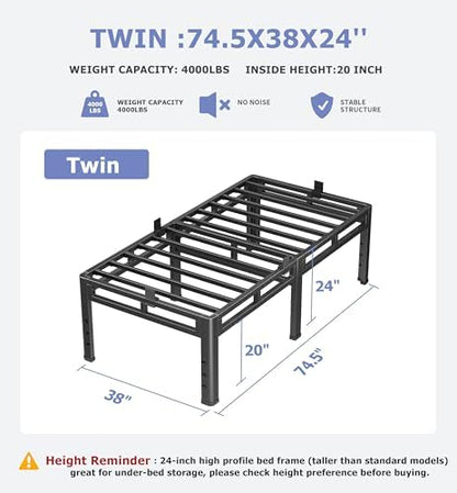 NKZ Twin Size Metal Platform Bed Frame, 24 Inch Dual-Layer Heavy Duty Base