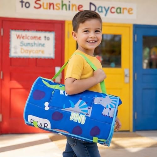 EVERYDAY KIDS Nap Mat with Removable Pillow - Roarin' Dinos - Carry Handle with Straps Closure, Rollup Design, Soft Microfiber for Preschool, Daycare, Travel Sleeping Bag - Ages 3-6 Years