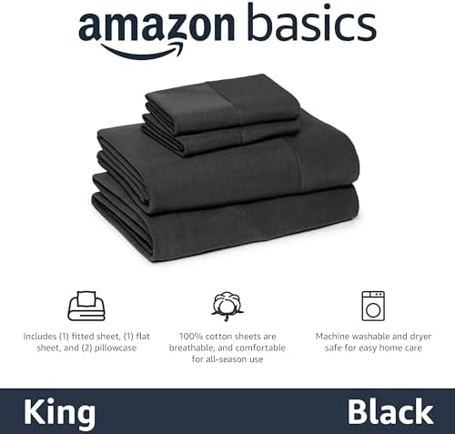 Amazon Basics 100% Cotton Jersey Bed Sheet Set, Machine Washable, All-Season, King, Black, Solid