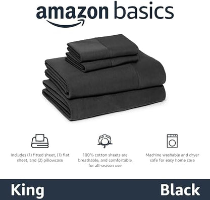 Amazon Basics 100% Cotton Jersey Bed Sheet Set, Machine Washable, All-Season, King, Black, Solid