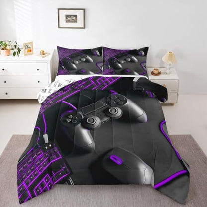 Feelyou Gamer Kids Comforter Set Full Size Gaming Bedding Set Game Room Decor Duvet Quilt for Kids Boys Girls Bedroom Gamepad Decor Purple Microfiber Ultra Soft Breathable
