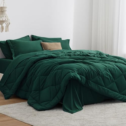 Love's cabin Twin Comforter Set Dark Green, 5 Pieces Twin Bed in a Bag, All Season Bedding Sets with 1 Comforter, 1 Flat Sheet, 1 Fitted Sheet, 1 Pillowcase and 1 Pillow Sham