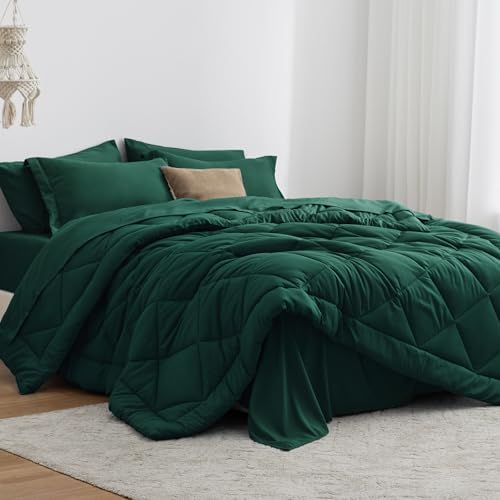 Love's cabin King Size Comforter Set Dark Green, 7 Pieces King Bed in a Bag, All Season Bedding Sets with 1 Comforter, 1 Flat Sheet, 1 Fitted Sheet, 2 Pillowcase and 2 Pillow Sham