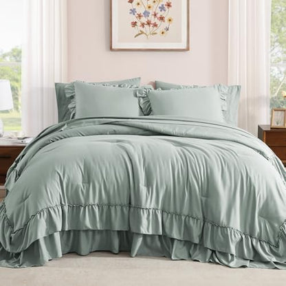 Oversized Queen Comforter Set Sage Green Ruffle 7 Pieces Bed in a Bag