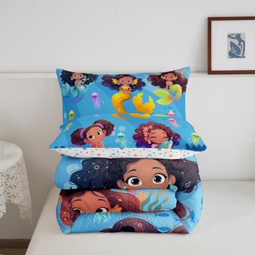Homewish Black Girl Mermaid Bedding Sets Queen Size,Colorful Jellyfish Comforter Set 3Pcs,Cartoon Mermaid Quilt Set for Kids Teens Girls Room Decor,Cute Black Girls African Duvet Insert,2 Pillowcases
