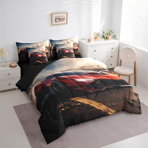Erosebridal Red Race Car Bedding Set Full,Boys Racing Car Comforter Set,Extreme Sports Theme(Comforter+Fitted+Flat Sheet+2 Pillowcases+2 Throw Pillow Covers) 7 Pieces Teens Youth Toddler Bed Set