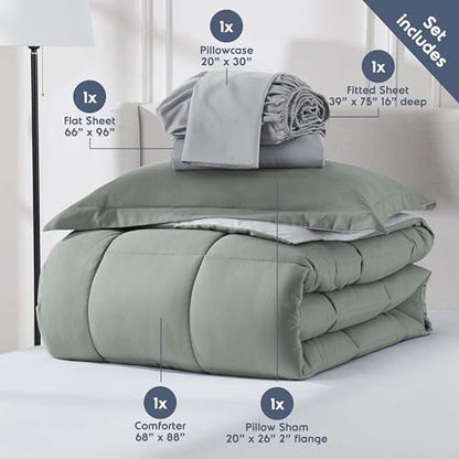 Nestl 7 Piece Twin Comforter Set – Sage Green Reversible Bed in a Bag – Complete Twin Size Bedding Set with Sheets, Set of 2 Down Alternative Pillows, Pillowcase and Sham