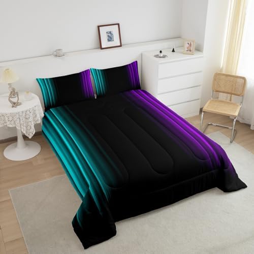 Feelyou Teens Abstract Ombre Decorations Bedding Set for Kids Women Teal Purple and Black Comforter Set Geometric Modern Quilt Set Room 3Pcs Full Size
