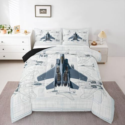 Erosebridal Fighter Aircraft Kids Comforter Sets Military Jet Full Bedding Set for Boys Girls Hand Drawn Grid Aircraft Comforter Set Modern Flying Airplane Quilt Duvet 3 Pcs