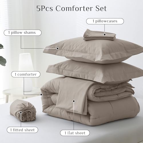 JOLLYVOGUE Twin Comforter Set, Ultra-Soft Bed in a Bag Twin Size 5 Pieces, Oeko-TEX Certified Bedding Set with Down Alternative Comforter, Sheets, Pillowcases & Shams, Khaki