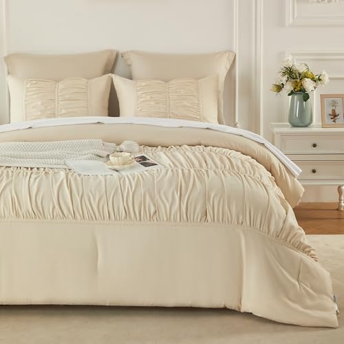 Cupocupa Ruched Ruffle Comforter Set Twin - 2 Piece Wheat Checkered Bedding Set - Aesthetic Cottagecore Ruffled Farmhouse Comforter with 1 Pillow Shams - Soft, Lightweight All Season Bedding
