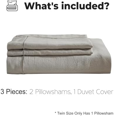 Simple&Opulence 100% French Linen Duvet Cover Set with Embroidered,3 Pcs Washed Soft Farmhouse Bedding Set with Button Closure,1 Comforter Cover and 2 Pillowshams(King,Grey)