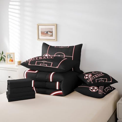 Sports King Comforter Set 7 Pieces for Toddler Boys Football Bedding Comforter Sets, Neon Glowing Red Bed in a Bag Sport Theme Bedding Set, Black Red Bed Sheets Set Microfiber (Black Reversible)
