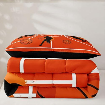 Graffiti Basketball Comforter Set Twin Size,Orange Court Line Bed in a Bag 2Pcs for Kids Girls Boys Teens Room Decor,Ball Sports Gaming Quilted Duvet Modern Fashion Down Comforter,1 Pillowcase