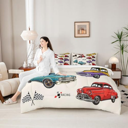 Feelyou Vintage Car Bedding Set 7 Piece Full Size Retro Truck Comforter Set with Sheets for Boys Girls Colorful Race Car Bed in a Bag Room Decor Breathable Soft