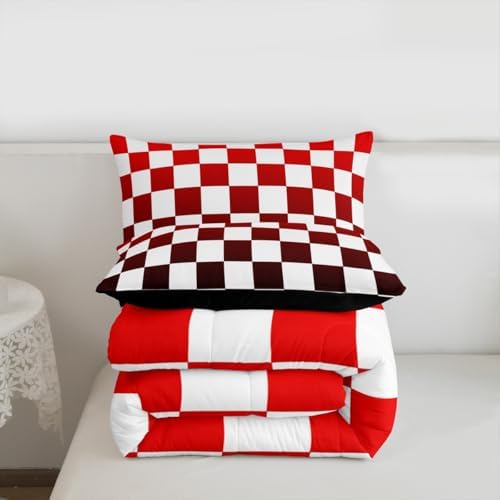 Feelyou Checkered Comforter Set Queen Size Modern Geometric Gradient Red Bedding Set for Kids Boys Girls Cute Neutral Plaid Duvet Quilt Vintage Aesthetic Bedroom Decor 3 Pcs with 2 Pillow Cases