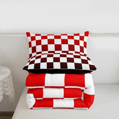 Feelyou Checkered Comforter Set Queen Size Modern Geometric Gradient Red Bedding Set for Kids Boys Girls Cute Neutral Plaid Duvet Quilt Vintage Aesthetic Bedroom Decor 3 Pcs with 2 Pillow Cases