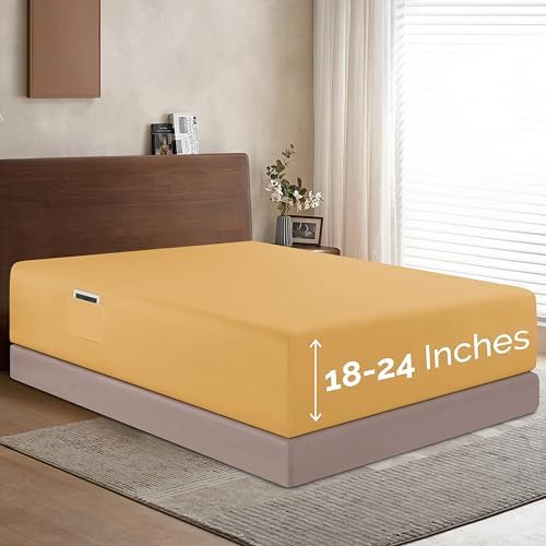 Elegant Comfort 1500 Premium Hotel Quality 18-24 Inches Deep - Extra Deep Pocket Single Fitted Sheet for High Mattress, Luxury and Softest, Smart Pocket - Wrinkle Free, Twin/Twin XL, Gold