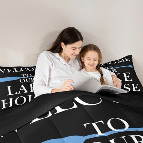 Lake House Comforter Set Toddler Size, Blue Paddle Lake Camping Bedding Set 2pcs, Rustic Farmhouse Lake Life Black Down Comforter for All Season, Kids Boys Girls Room Decor, 1 Pillowcase, No Sheets