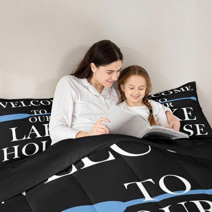 Lake House Comforter Set Toddler Size, Blue Paddle Lake Camping Bedding Set 2pcs, Rustic Farmhouse Lake Life Black Down Comforter for All Season, Kids Boys Girls Room Decor, 1 Pillowcase, No Sheets