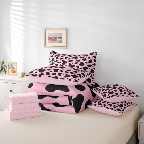Erosebridal Cow Pink Western 7 Piece Bedding Set King Milk Cow Print Comforter Set with Sheets Cowgirl Preppy Bed in a Bag Farmhouse Animal Bed Sets Comforter