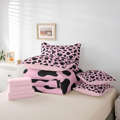 Erosebridal Cow Pink Western 7 Piece Bedding Set King Milk Cow Print Comforter Set with Sheets Cowgirl Preppy Bed in a Bag Farmhouse Animal Bed Sets Comforter