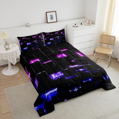 Feelyou Black Pink Purple Square Ombre Comforter Set King Size Kids 3D Rendering Abstract Art Comforter for Boys Girls Teens Modern Fashion Bedding Set Stripes Duvet Set