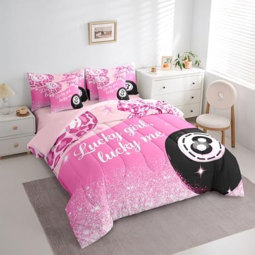 Erosebridal Pink Leopard Bow Girls Twin Bedding Set 7 Piece Preppy Fashion Y2K Comforter Set Cheetah Print Lucky 8 Ball Bed in A Bag with Sheets for Kids Teen Adults,Girly Coquette Y2K Bed Set