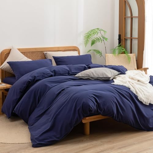 BESTOUCH Cotton Solid Duvet Cover Set Linen Feel Navy Blue Alaska King