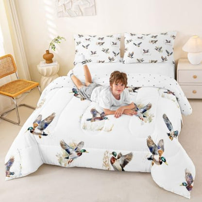 Feelyou Mallard Duck Comforter Set Queen Size Duck Hunt Bedding Set for Kids Boys Girls Wild Duck Hunting Duvet Quilt Wild Animal Bedroom Decor Microfiber 3 Pcs with 2 Pillow Cases