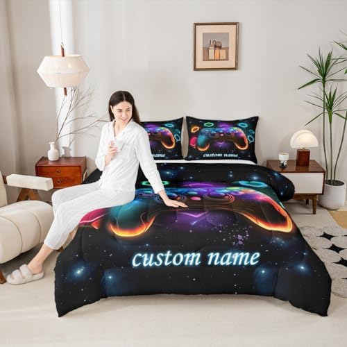 Custom Name Game Consoles Comforter Sets Twin Gamer Gifts, Personalized Boys Twin Bedding Set with Space Glow Geometric, Red Green Blue Teal, Kids Room Decor