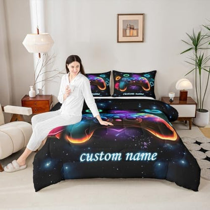 Custom Name Game Consoles Toddler Bedding Sets Gamer Gifts,Customized Gaming Comforter Sets for Boys Space Glow Geometric Kids Comforter Boys Red Green Blue Teal,Gaming Decor for Bedroom