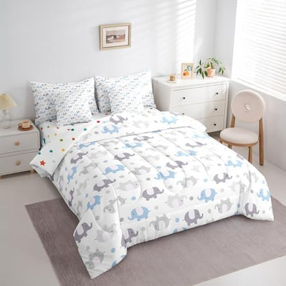 Erosebridal Elephants Full Comforter Set 7 Piece for Kids Boys Girls Cartoon Zoo Animal Bedding Set Blue Grey Elephants Bed in A Bag with Sheets Cute Safari Wildlife Bed Set