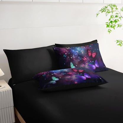 7Pcs Animals Comforter Set Purple Blue Dreamy Butterfly Printed Bedding Set with 1 Comforter, 1 Flat Sheet, 1 Fitted Sheet and 4 Pillowcases for Boys and Girls Bedroom (Queen