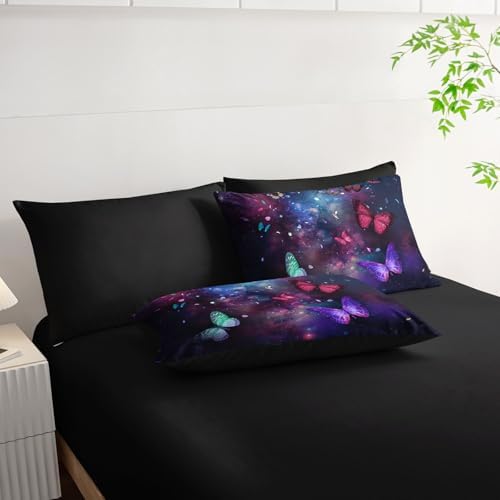 7pcs Animals Comforter Set Purple Blue Dreamy Butterfly Printed Bedding Set with 1 Comforter, 1 Flat Sheet, 1 Fitted Sheet and 4 Pillowcases for Boys and Girls Bedroom (Twin