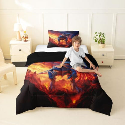 Feelyou Kids Dino Bedding Set Soft for Boys Girls, Dinosaur Comforter Set Twin Size Ancient Jungle Dinosaur Duvet Quilt Microfiber Volcano Bedroom Decor Yellow Red 2 Pcs with 1 Pillow Cases