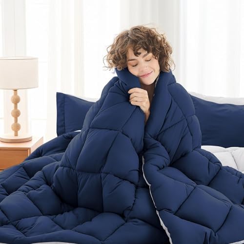 MUXHOMO 7 Pieces King Comforter Set, Reversible Bed in a Bag King Size, All Season Bedding Set with Comforter, Flat Sheet, Fitted Sheet, Pillowcases & Shams, Navy & Light Grey