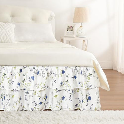 RIMELA Ruffle Bed Skirt Blue Berry Floral Queen 15 Inch Drop, Elastic Wrap Around Bed Skirting Queen Size, Easy to Install Dust Ruffle, Machine Washable Soft Fabric, Multi Ruffle Bedskirt