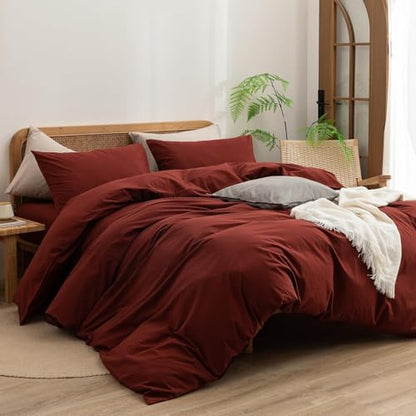 BESTOUCH Cotton Solid Duvet Cover Set Fired Brick Red Alaska King