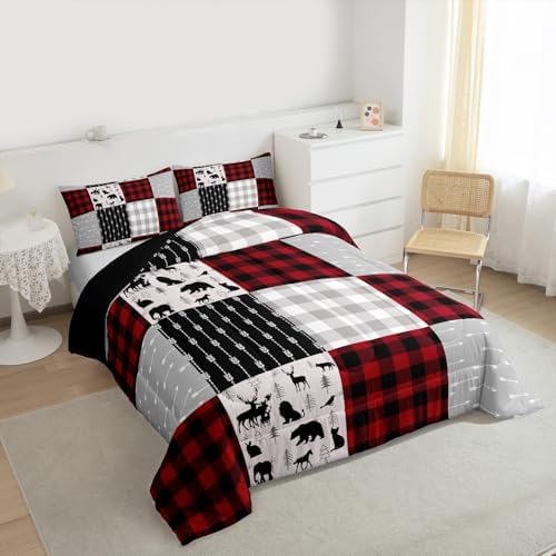 Buffalo Plaid Bedding Set For Boys Girls, Woodland Moose Duvet Sets Vintage Deer Bear Comforter Set Queen, Buffalo Plaid Farm Animal Quilted Duvet Rustic Patchwork Down Comforter, Red Black Grey