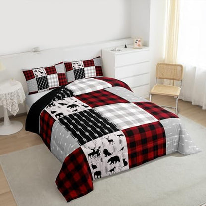 Buffalo Plaid Bedding Set For Boys Girls, Woodland Moose Duvet Sets Vintage Deer Bear Comforter Set Queen, Buffalo Plaid Farm Animal Quilted Duvet Rustic Patchwork Down Comforter, Red Black Grey