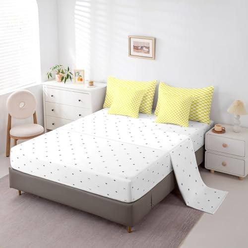 jejeloiu Yellow and White Bedding Set 7Pcs Queen Size Kids Plaid Checkered Comforter Set with Sheets for Boys Girls Classic Grid Buffalo Check Bed in a Bag Soft Lightweight,Microfiber