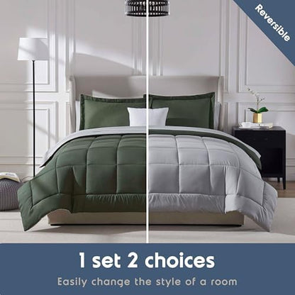 Nestl 9 Piece Full Comforter Set – Olive Green Reversible Bed in a Bag – Complete Full Size Bedding Set with Sheets, Set of 2 Down Alternative Pillows, Pillowcases and Shams