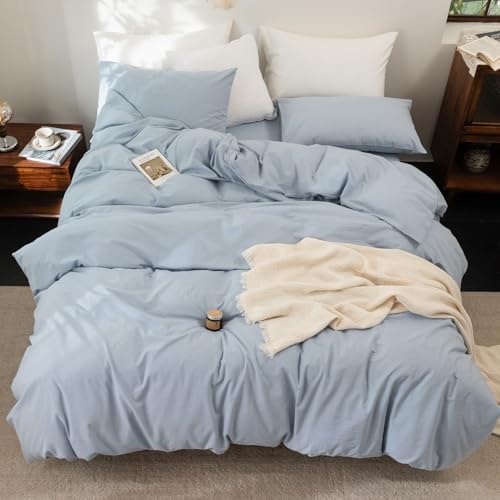 FOSSA Duvet Cover Set 100% Washed Cotton Linen Feel Queen